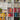 Bookshelves filled with a colorful variety of books, organized by spine color. A small plant sits on the top shelf, and a larger plant with green leaves is positioned among the books on a lower shelf.