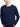 A smiling child wears the Haloumoning Boys’ Striped Crewneck Knit Pullover Sweater in navy, featuring white sleeve stripes and crafted from soft knit fabric, shown from shoulders to hips with hands in pockets.