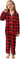 A young child with blond hair is standing barefoot against a white background, wearing the Schbbbta Kids’ Christmas Red Plaid Satin Pajama Set – a long sleeve, button-down style with white piping.