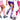 Three kids in colorful soccer uniforms—pink, purple, and hot pink—stand with a black-and-white soccer ball, showing only their legs and feet outfitted in matching Zando Girls’ Knee-High Soccer Socks by Zando and cleats.