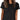 A person wearing a black Women’s Wrinkle-Free Short Sleeve Crew Neck T-Shirt tucked into blue jeans.
