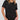 A person wearing a black Women’s Wrinkle-Free Short Sleeve Crew Neck T-Shirt tucked into blue jeans.